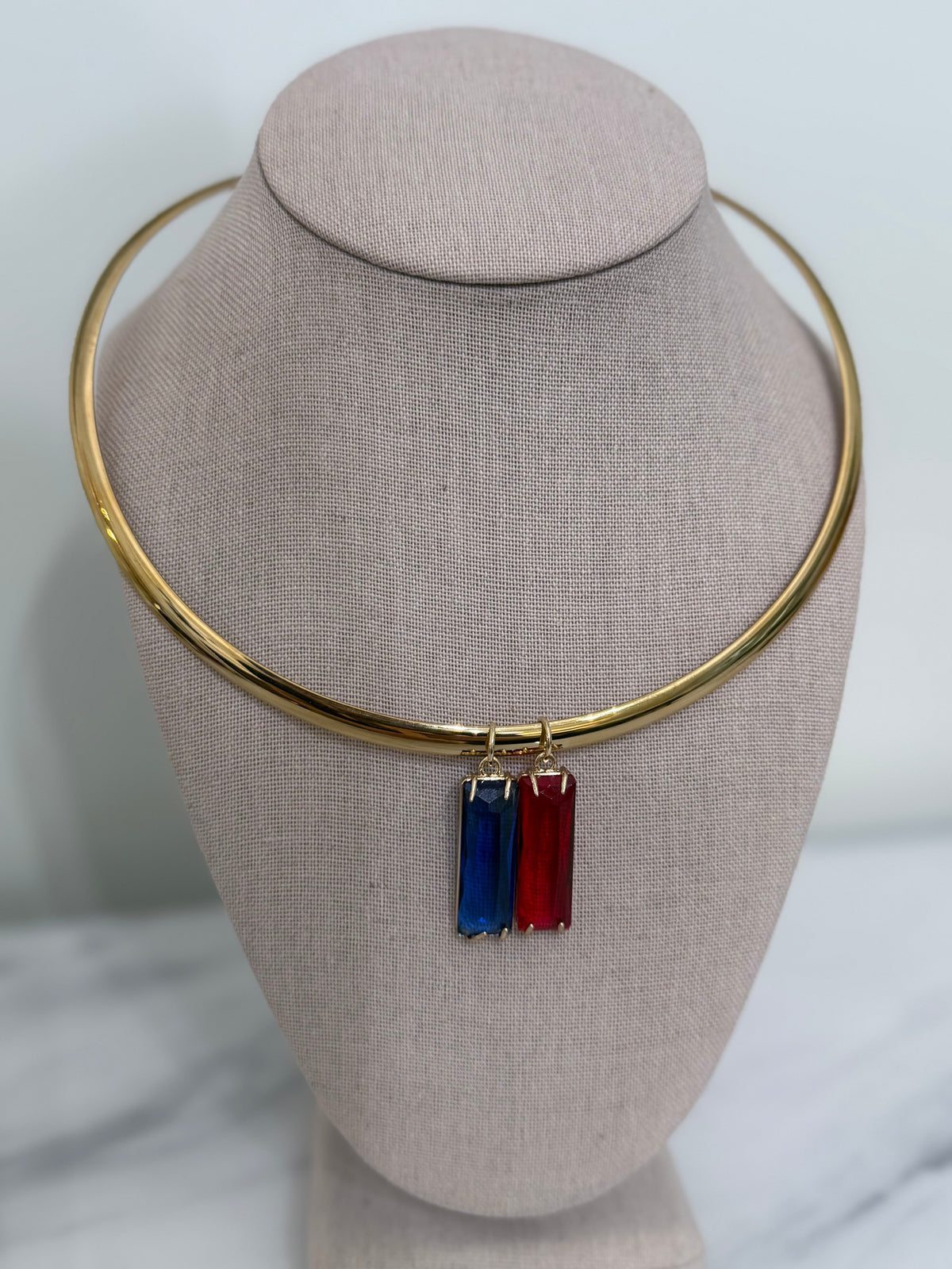 Blue & Red Bezel Charm Collar Necklace