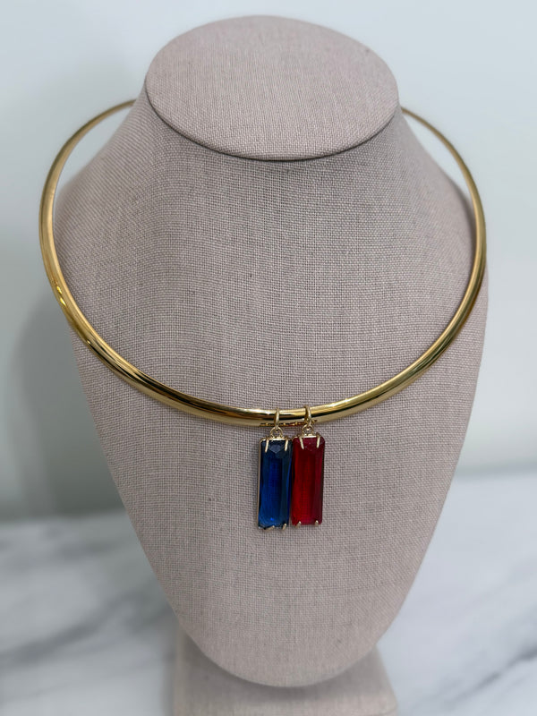 Blue & Red Bezel Charm Collar Necklace