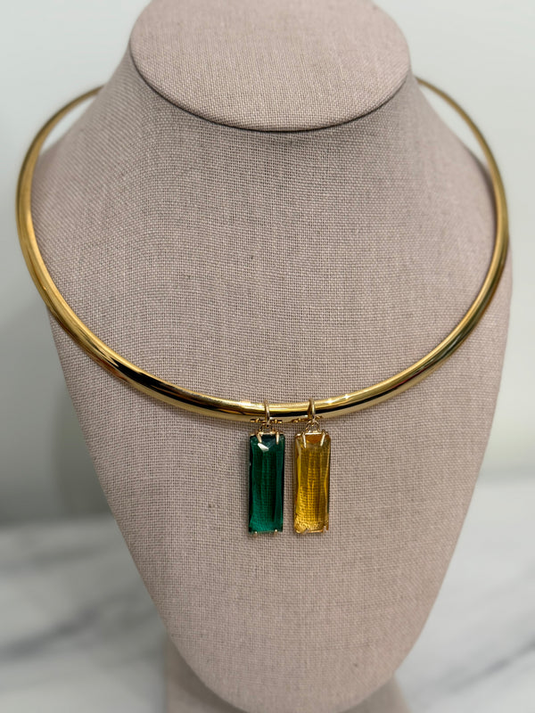 Green & Gold Bezel Charm Collar Necklace