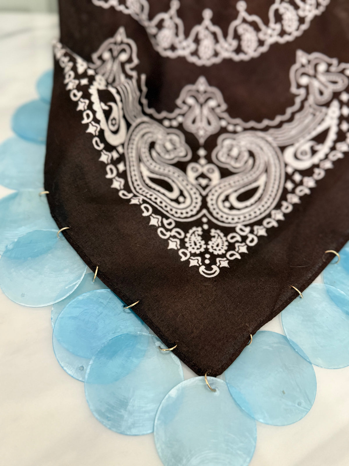Chocolate Brown & Light Blue Capiz Shell Bandana
