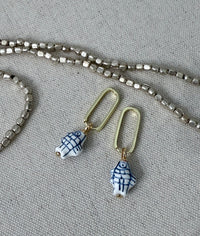 Blue & White Hand Painted Ceramic Fish Earrings