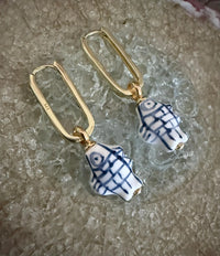 Blue & White Hand Painted Ceramic Fish Earrings