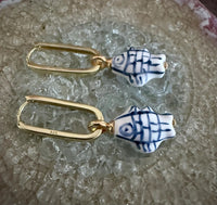 Blue & White Hand Painted Ceramic Fish Earrings